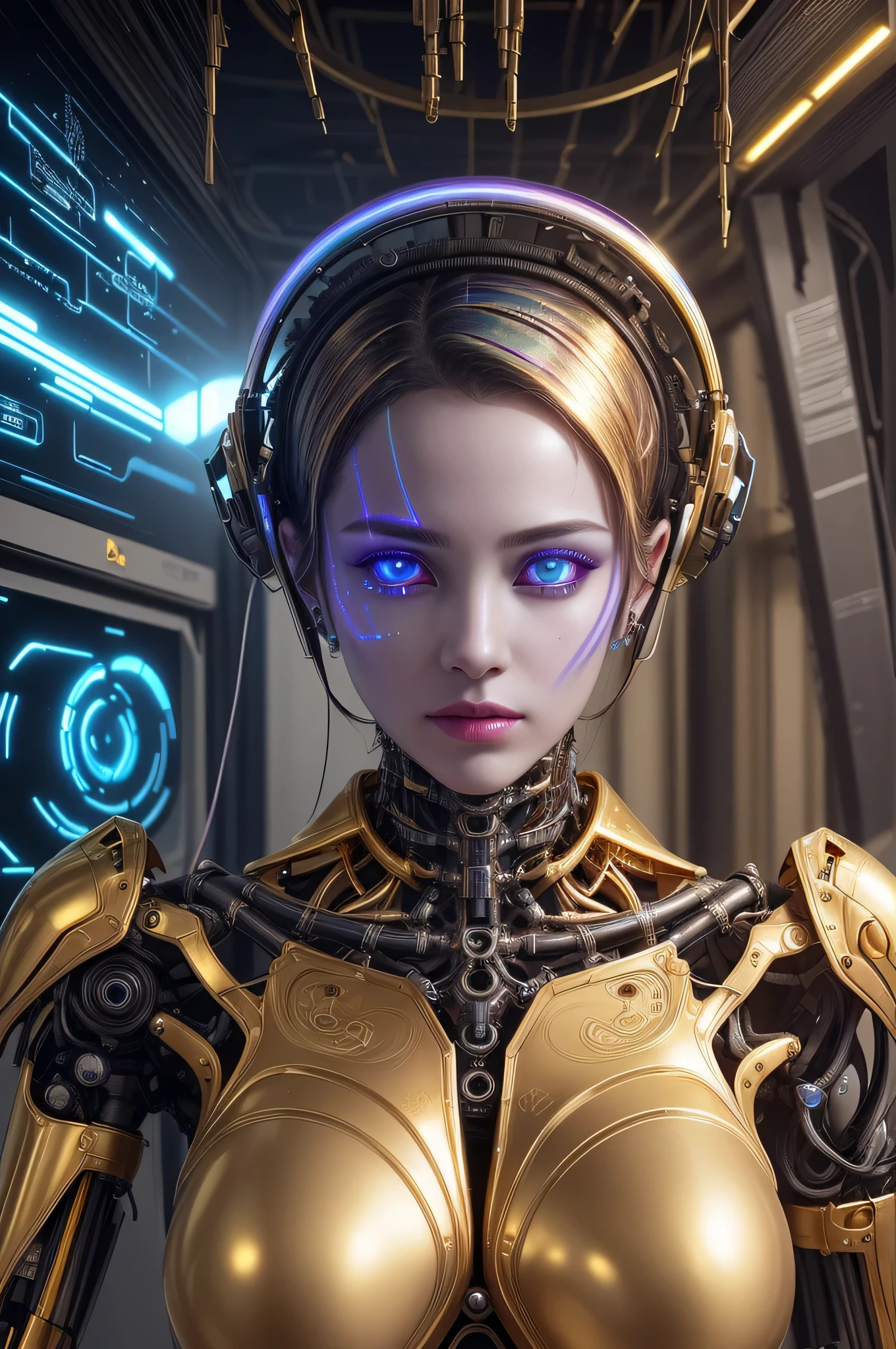 (1girl), (human face:1.2), Highly Detailed Beautiful girl, (extremely detailed beautiful face), Amazing face and eyes, (Highest Quality: 1.4), (Super Detailed), (Very Delicate and Beautiful), golden body, Biomechanical Cyborg, Beautiful Natural Shapes, Arteries, Veins , lace, colorful details, diamond earrings, very delicate embroidery, intricate details, skeleton, ultra-transparent skin, surreal, Super detailed, cyborg girl, realistic, (detailed golden, hollow body interior, made of golden metal, half human, translucent human body, Skin made of layers of extremely complex metal fibers, The inside of the body is an incredibly complex structure made up of countless IC chips: 1.6), iridescent, futuristic, super complex, super beautiful, highly detailed CG unified 8K wallpaper, high resolution raw color photo, professional photo, flesh and blood, (cyber punk, Spiral structure, future urban cyberspace, iridescent illumination, dazzling light:1.5),