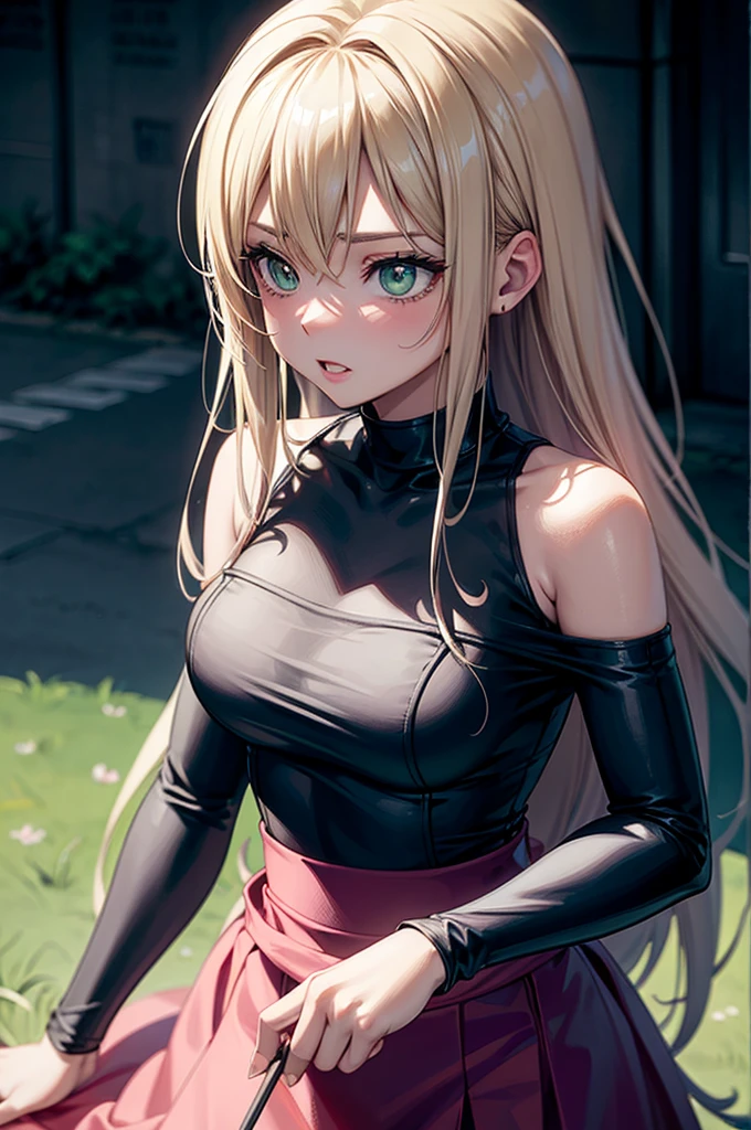 woman blonde hair green eyes and pink batm and a black top, realistic art style, RossDraws portrait, Artgerm portrait, Anime realistic artstyle, 4K realistic digital art, 4K realistic digital art, 8K Artgerm Bokeh, DeviantArt Artstation CGScosiety, ArtGerm extremely detailed, made with anime painter studio, RossDraw digital painting