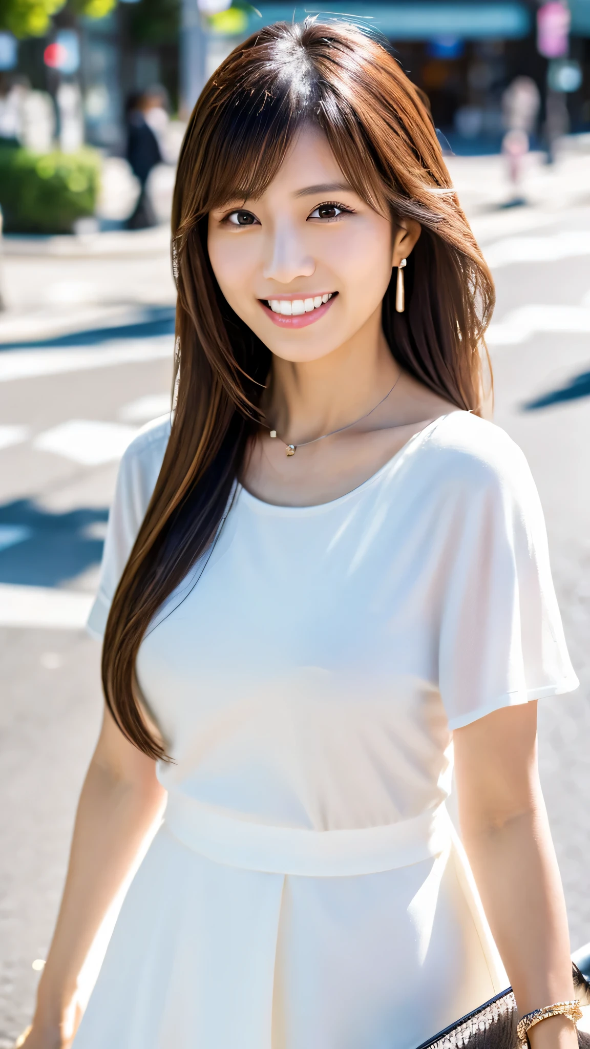 highest resolution, 4K, masterpiece: 1.3), japanese mature, sexy: 1.1, fine eyes, slender body shape, realistic teeth, double eyelid, whole body, highest quality, be familiar with, In the city, Feminine fashion