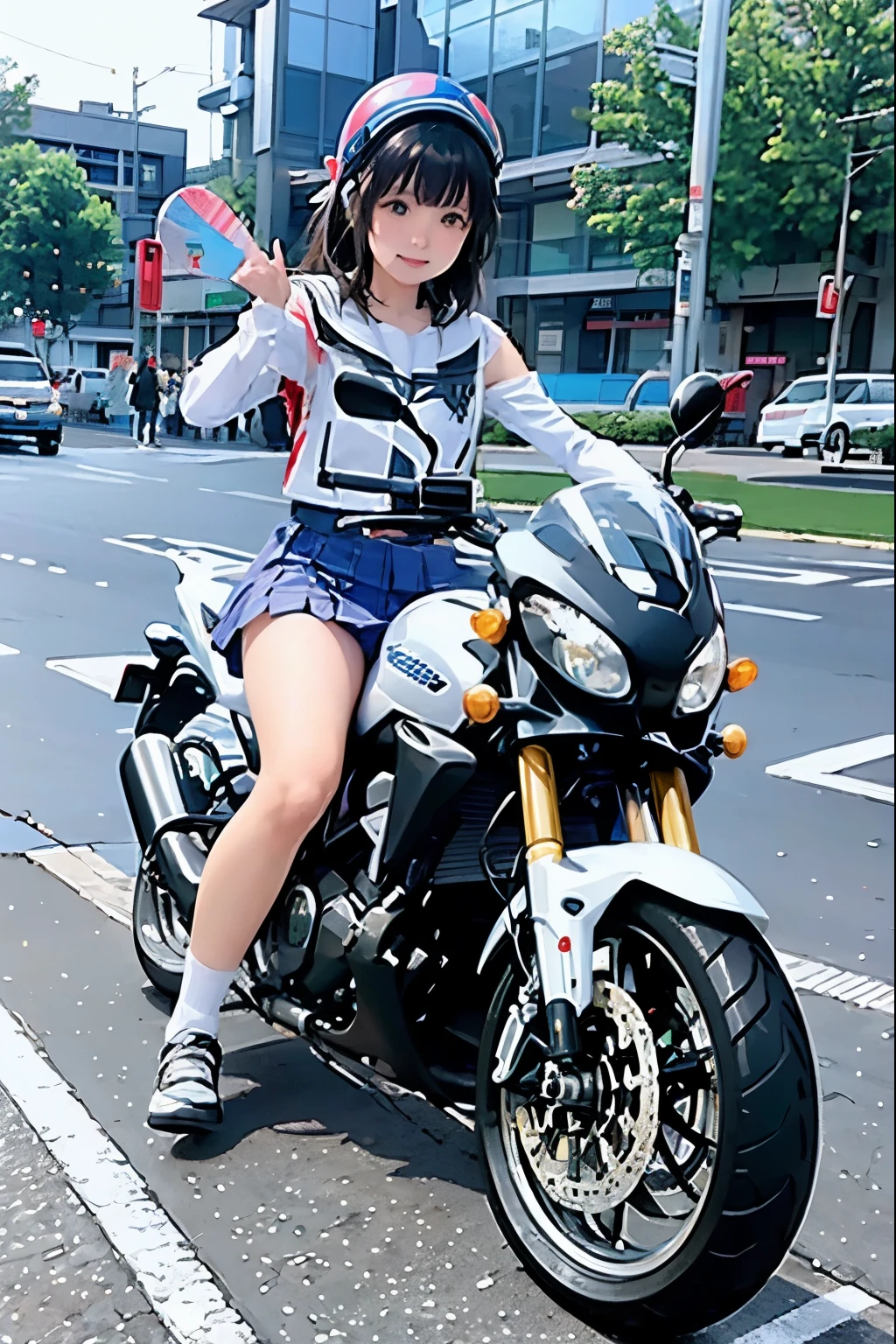Japan schoolgirl riding motorcycle,super mini skirt、white panties、Happy!!!, , motorcycle,[ realistic pictures ]!!, High resolution,No sleeve、white panties