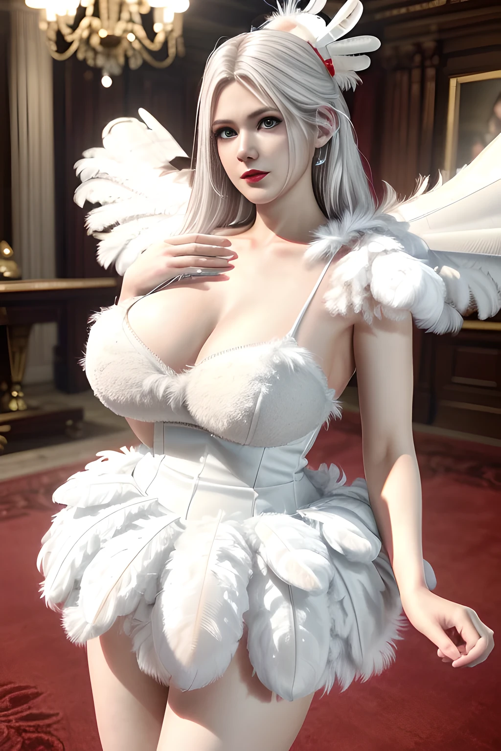 1 girl,Alice,(White fluffy feather theme:1.6), (fluffy:1.7), (fitting fluffy feather dress:1.4),(In the bridal chamber), (permanent,Sexy model pose:1.2),jewelry,grace,(((red lips))), Lips slightly open, lustful smile,  clavicle,(huge breasts),Charming cleavage,((8k, original photo, top quality, masterpiece), HD RAW color photos professional close-up photos, (actual, photorealism: 1.37), (best quality), (best shade),  ((erotic, Sexy, ultra high resolution, HD CG unified 8K wallpaper, Physically based rendering, movie lighting),alone,