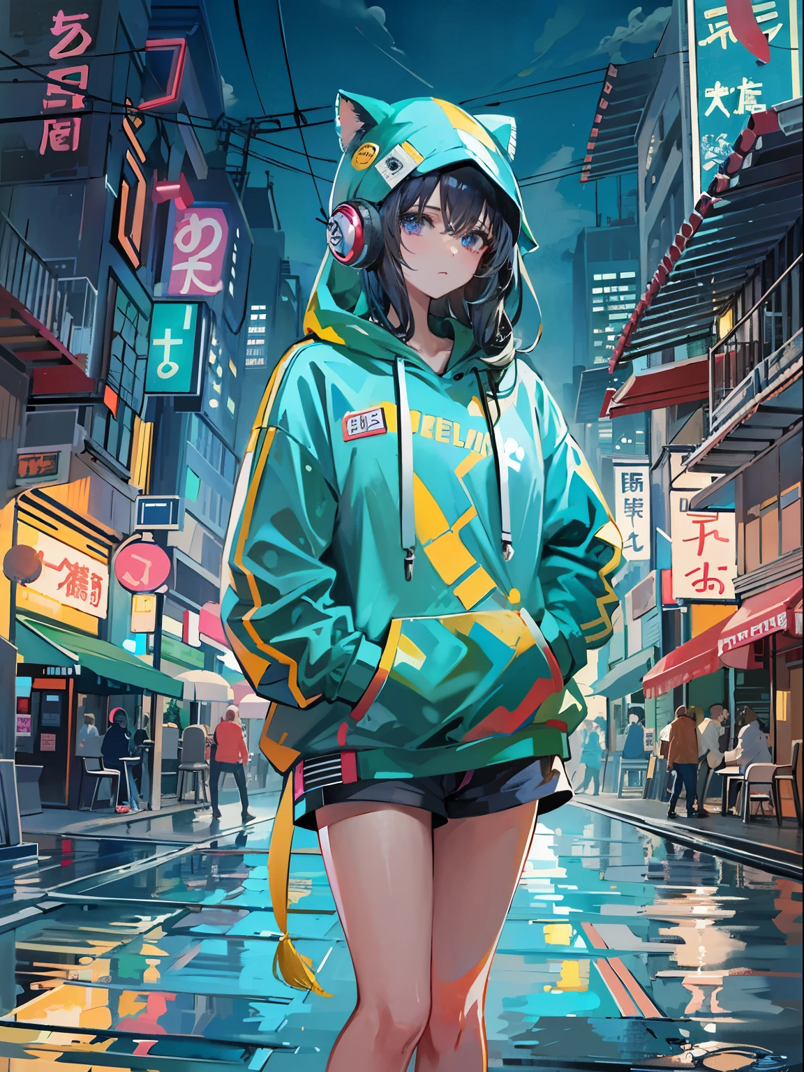 8K分辨率、((top-quality))、((masterpiece))、((ultra-detailliert))、1 woman、独奏、incredibly absurdness、Oversized hoodies、headphones、Street、plein air、Sateen、neons、Short long Hair、Brightly colored eyes、Hands in pockets、shortpants、water dripping