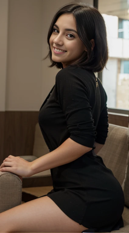 Mejor calidad, 8k, 32k, obra maestra ,pelo bob , Pelo Ondulado , 27 years , chaqueta de cuero negro,vestido largo de cuero negro con abertura ,sonriente,El color del cabello es rubio,Expresando todo el cuerpo.,interior,sitting on the couch, turning around and looking at my back
