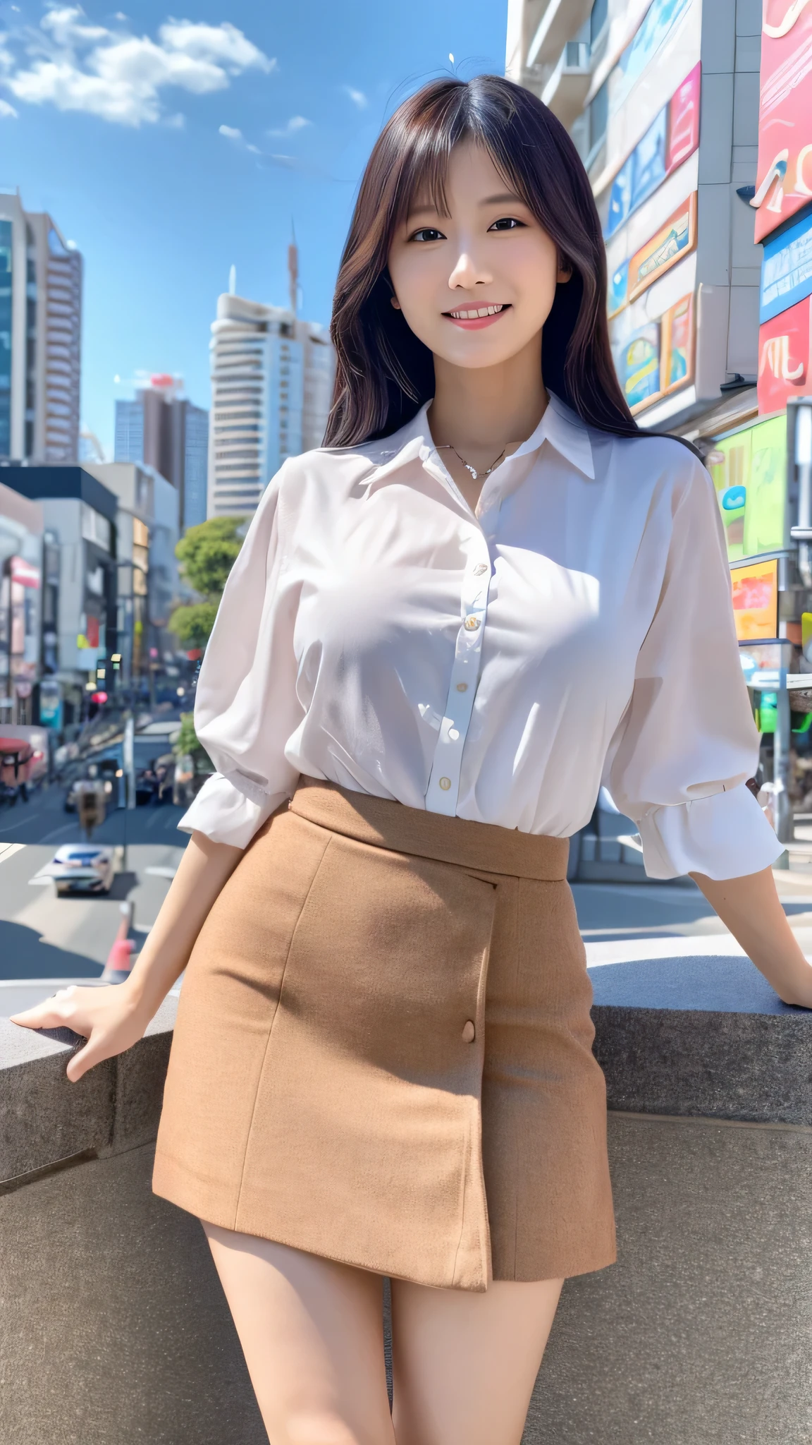 highest resolution, 4K, masterpiece: 1.3), japanese mature, sexy: 1.1, fine eyes, slender body shape, realistic teeth, double eyelid, whole body, highest quality, be familiar with, In the city, Feminine fashion, skirt