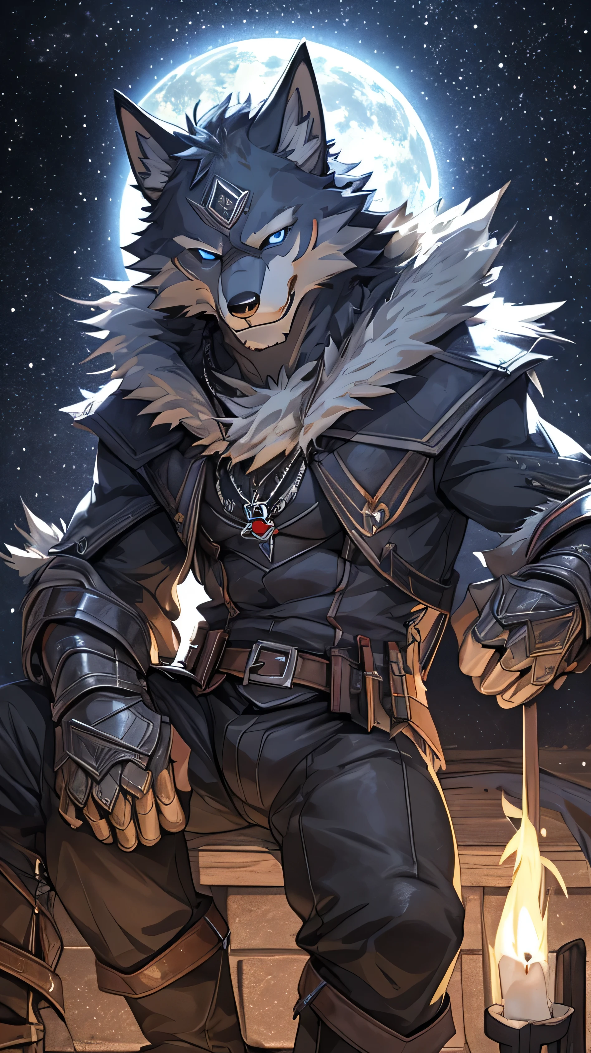 fur, alone,A wolf,파란색 줄무늬가 있는 검은색 fur,Sporadic blue hair mites,dark blue eyes,sit on a chair,arrogant expression,looking straight ahead,put a smile on your face.,So handsome,Age is under 50 years old,dark, fierce, Full body pose