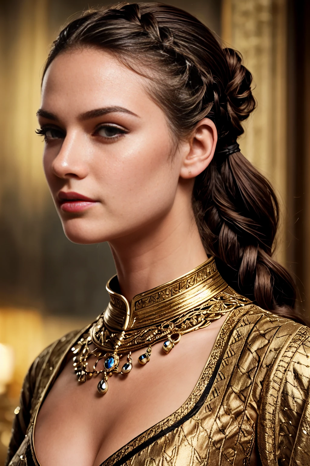 Moving up from her armor, you notice the intricate details of her face. Her eyes are piercing, with a sense of strength and determination that is palpable. Her cheekbones are high, giving her an air of nobility and grace. Her hair is tied back in a tight braid, showing off the lines of her face and highlighting the beauty of her features.