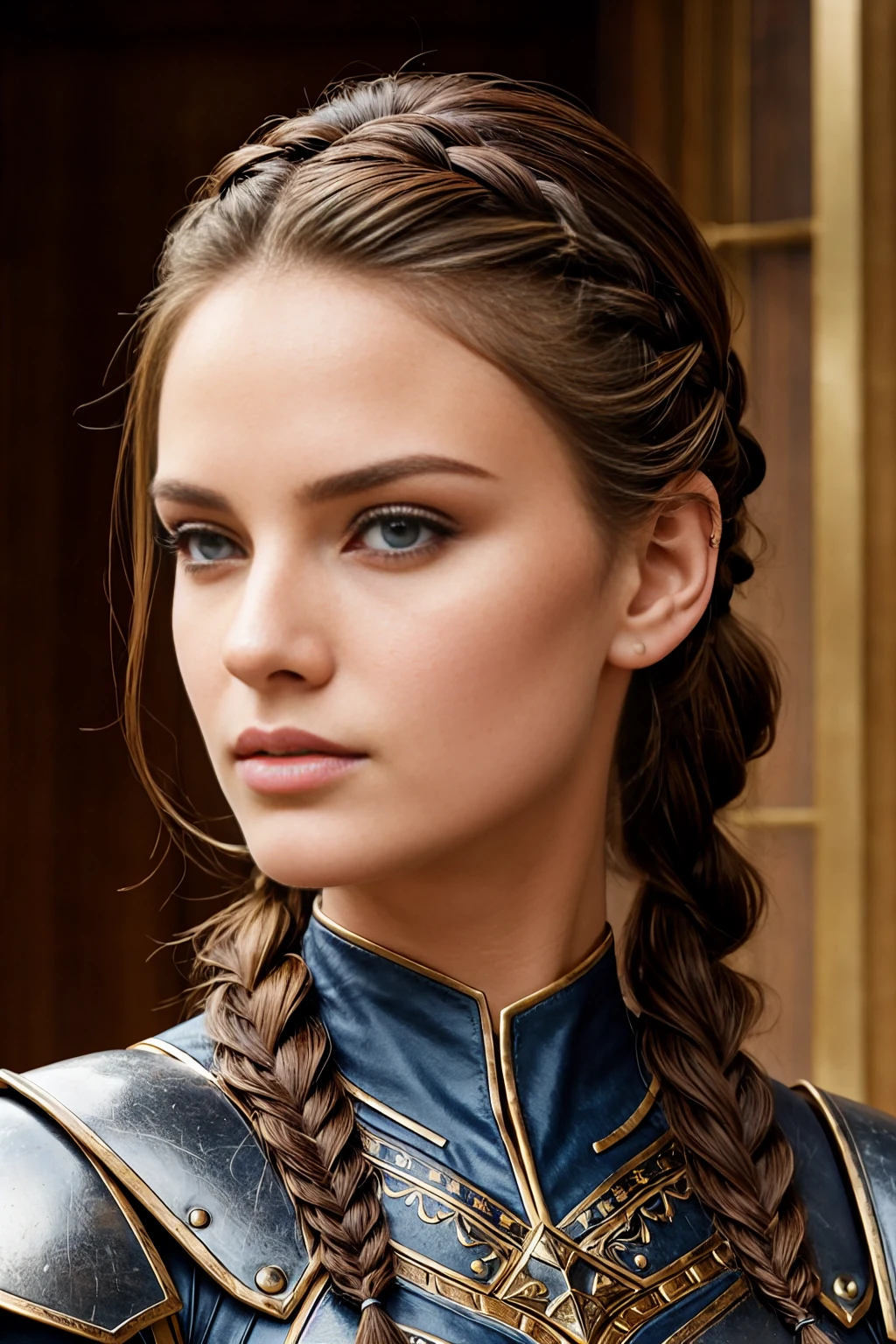 Moving up from her armor, you notice the intricate details of her face. Her eyes are piercing, with a sense of strength and determination that is palpable. Her cheekbones are high, giving her an air of nobility and grace. Her hair is tied back in a tight braid, showing off the lines of her face and highlighting the beauty of her features. 