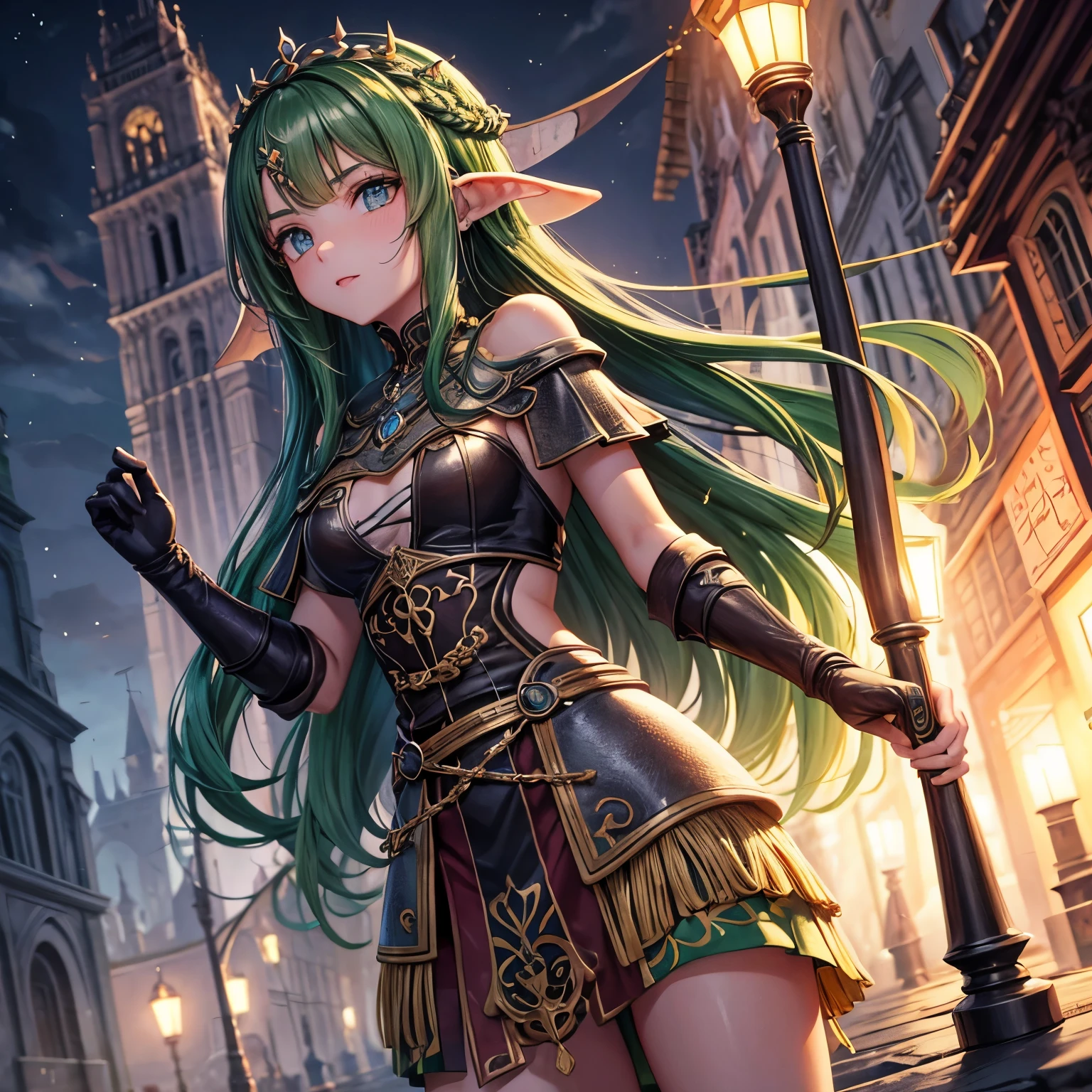 melhor qualidade, obra de arte, 1 garota, Sozinha, olhando para o espectador, corpo todo, standing, Cabelo longo, elfo de Dungeon and dragons com a pele cor de obsidiana, olhos verdes com manchas douradas e cabelo ruivo. Maga com roupas medievais, com cajado, enfeite de cabelo, fundo medieval detalhado, na rua, noite, chuva
