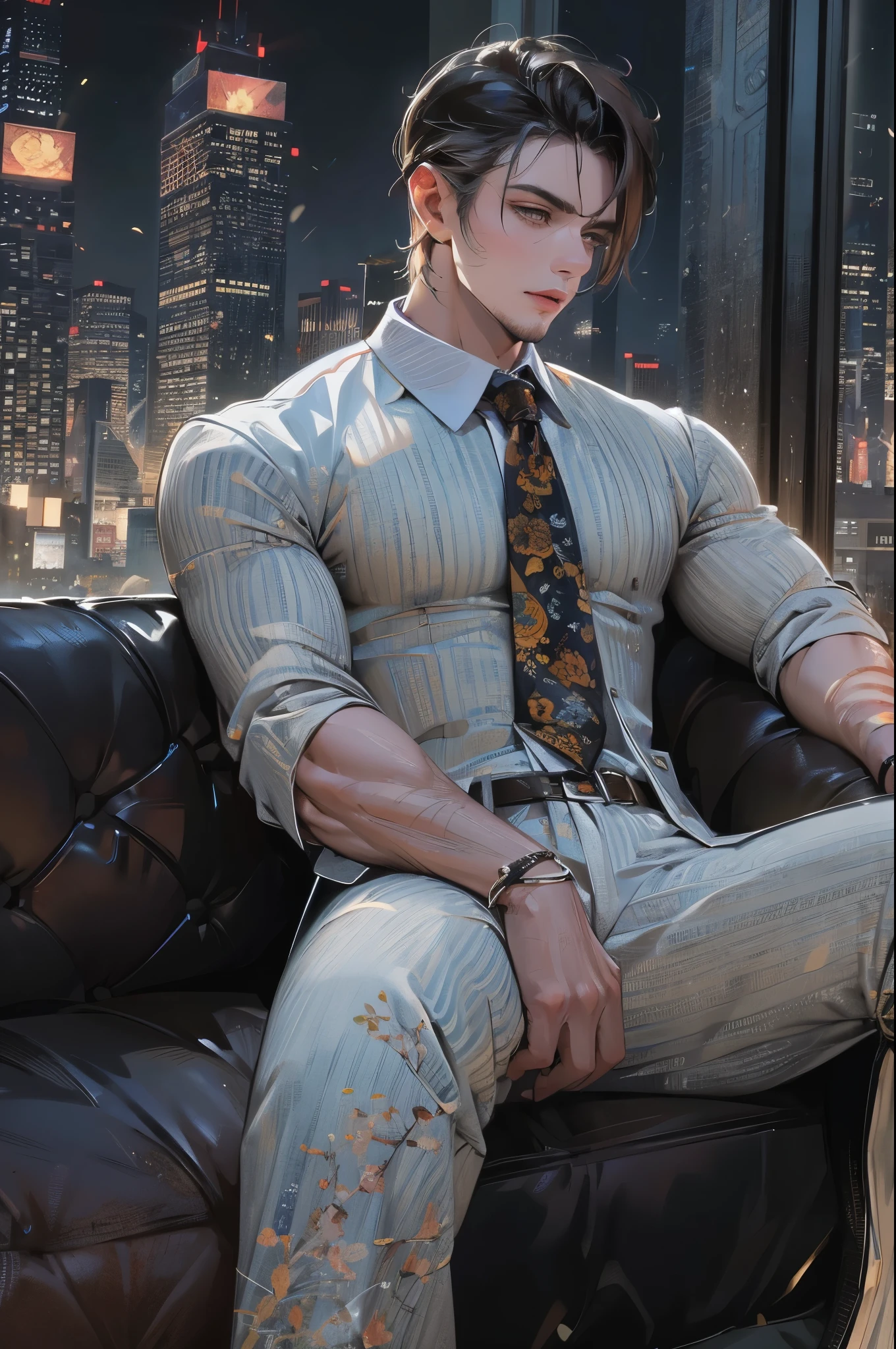 (absurdres, highres, ultra detailed, realistic, ), 1 male, solo, adult, mature, tall muscular guy, ,（sitting on a sofa,cross-legged）, broad shoulders, handsome, very short hair, black hair, brown eyes, angular jaw, thick neck, thick eyebrows, night, dark, the night view of the city background, formal suit, necktie, upper body