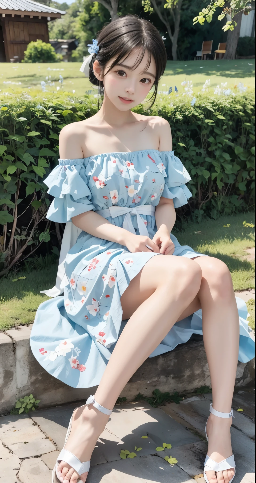 with a girl：her hair is black and short、14 years、laughter、Her face is round and cute。white and blue dress clothes、Floral。white sandal shoes、The ribbon is attached to the ankle。(running in the meadow with a girl:1.3)、scene：There is a beautiful scene floating in the background.、blue sky, White cloud, Green meadows and colorful flowers。The scene is softly painted like a watercolor painting.、It's a dreamy atmosphere。The scene expresses the imagination and sensibility of the girl、Pubic hair shows completely naked pubic hair) ,more_be familiar with:1.5, (More and more_be familiar with:1.9)、straw hat