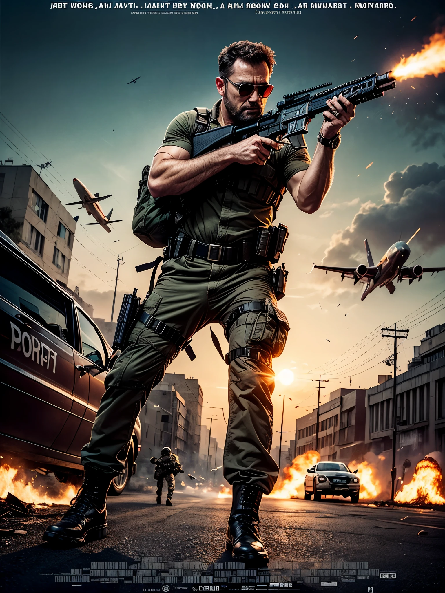 Commando movie poster, a brave man, glasses, medium dark short hair, with M16 riffle, black clothes, rivets, explosions, cars, airplanes, just one body
