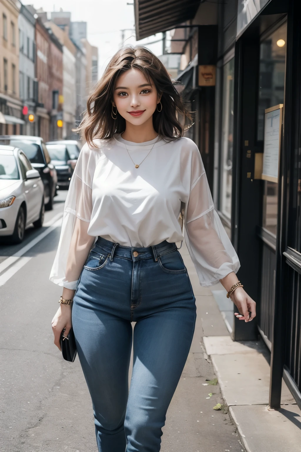 A fashionable woman exudes confidence as she showcases her impeccable style in a pair of skinny jeans. The jeans hug her curves perfectly, accentuating her slender figure and elongating her legs. Paired with a trendy top and stylish accessories, her outfit effortlessly combines comfort and fashion. The setting reflects a chic urban environment, with city streets or a bustling cafe serving as the backdrop. The woman's confident stride and radiant smile add to her undeniable allure. This scene is captured in a contemporary street style photography, emphasizing the woman's fashion-forward sense and the vibrant energy of the city