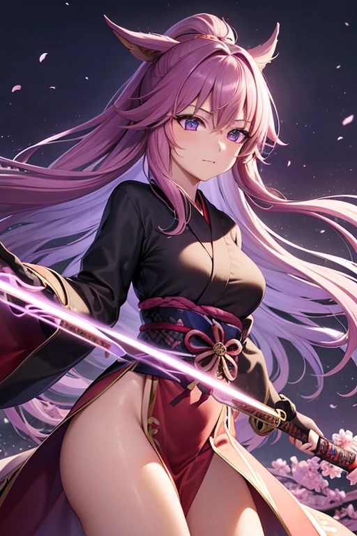 best quality,highres,ultra-detailed,realistic:1.37,yae miko,anime,portraits,dark and mysterious lighting,wispy purple hair,sharp focus,intense gaze,katana blade,flowing black kimono,moonlit garden,crimson sakura petals,symbolic red ribbon,haunting atmosphere,traditional japanese setting,ethereal beauty,faint glowing runes,vivid purple eyes,subtle wind blowing,delicate cherry blossom fragrance,determinant and powerful presence,mystical aura,divine warrior,graceful and poised,spiritual energy radiating,stoic expression,serene and tranquil backdrop,twilight shadows,subtle hint of danger,sword handling expertise,midnight blue color scheme