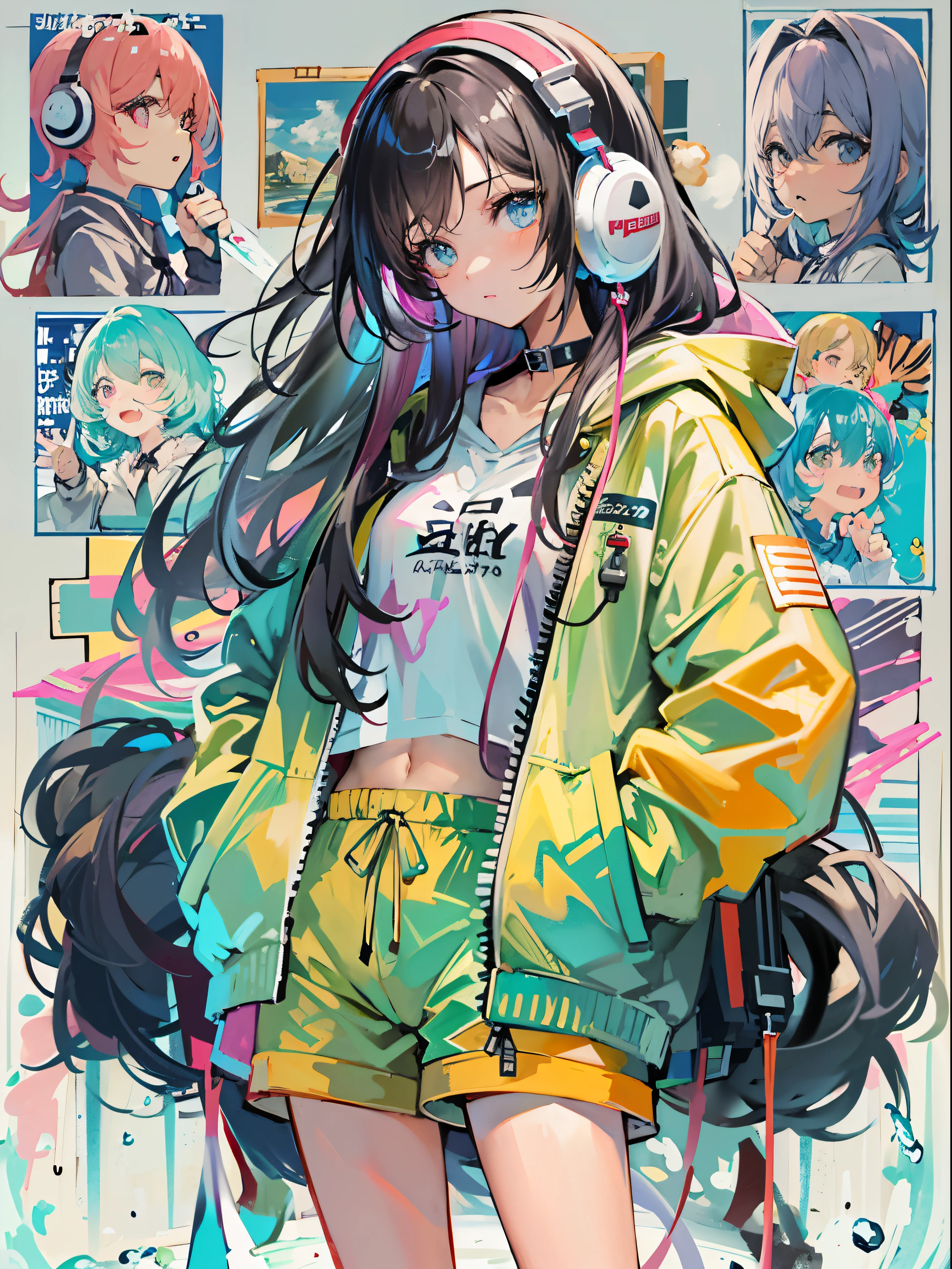8K分辨率、((top-quality))、((masterpiece))、((ultra-detailliert))、1 woman、独奏、incredibly absurdness、Oversized hoodies、headphones、Street、plein air、Sateen、neons、Short long Hair、Brightly colored eyes、Hands in pockets、shortpants、water dripping