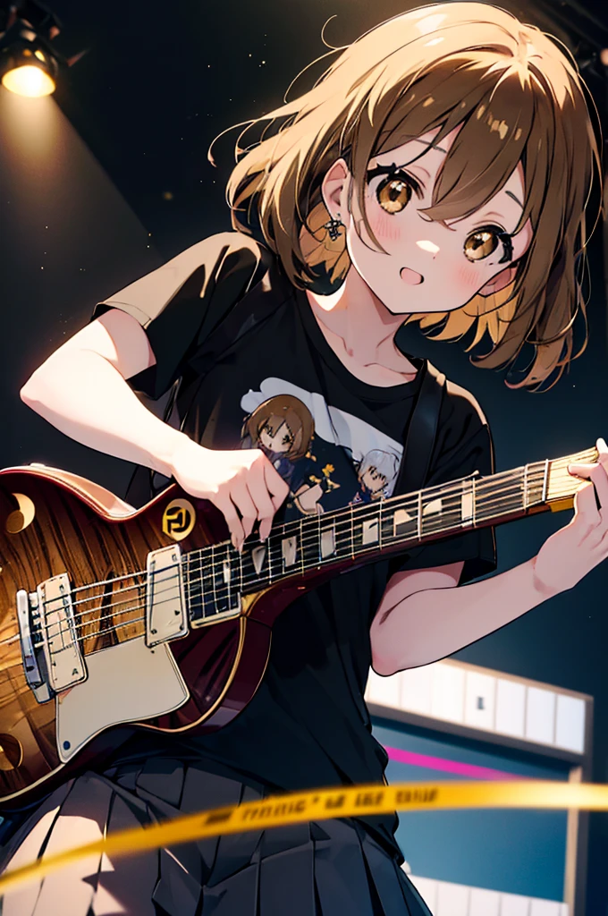 Yuihirasawa, Yui Hirasawa, (brown eyes:1.5), brown hair, hair ornaments, Barrette, medium hair, (flat chest:1.2),smile, black t-shirt，pleated skirt，Black Pantyhose King，low person，エレキguitarを，Gymnasium stage(table top:1.2),(masterpiece:1.2), highest quality, High resolution, unity 8k wallpaper, (figure:0.8), (beautiful and fine eyes:1.6), highly detailed face, perfect lighting, Very detailed CG, (perfect hands, perfect anatomy),Rock Band Concert, Musical instrument performance, Stage Performance, hot air,happy atmosphere、スタンドマイクの前でguitarをを弾きながら熱唱、guitar(Gibson Les Paul)、sweat on forehead、汗ばんだblack t-shirt、open your mouth and sing