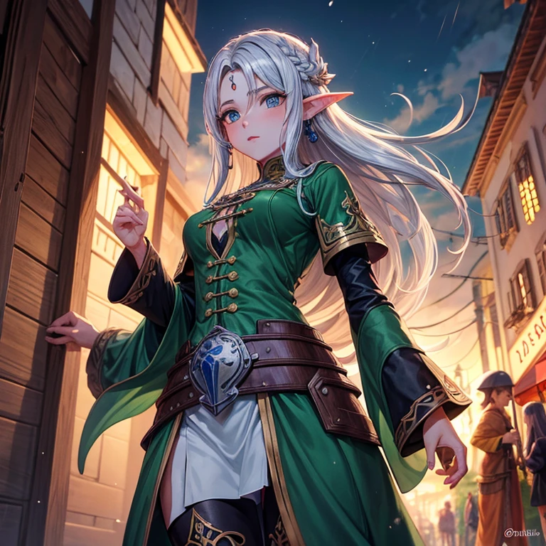 melhor qualidade, obra de arte, 1 garota, Sozinha, olhando para o espectador, corpo todo, standing, Cabelo longo, elfo de Dungeon and dragons com a pele cor de obsidiana, olhos verdes com manchas douradas e cabelo ruivo. Maga com roupas medievais, cajado, enfeite de cabelo, fundo medieval detalhado, na rua, noite, chuva