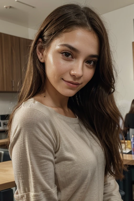 (natural, high resolution:1.3), 1 arafed brunette smiling happy girl with perfect body wearing long sleeve casual clothes, super fine face and eyes.,pelo largo, piel bronceada, Retrato de Sophie Mudd, curly brown hair and big eyes, selfie de una mujer joven, ojos dormitorio, violeta myers, sin maquillaje, piel real , Looking directly at the camera, cara con artgram, maquillaje sutil, Impresionante foto de cuerpo entero, en una cafeteria