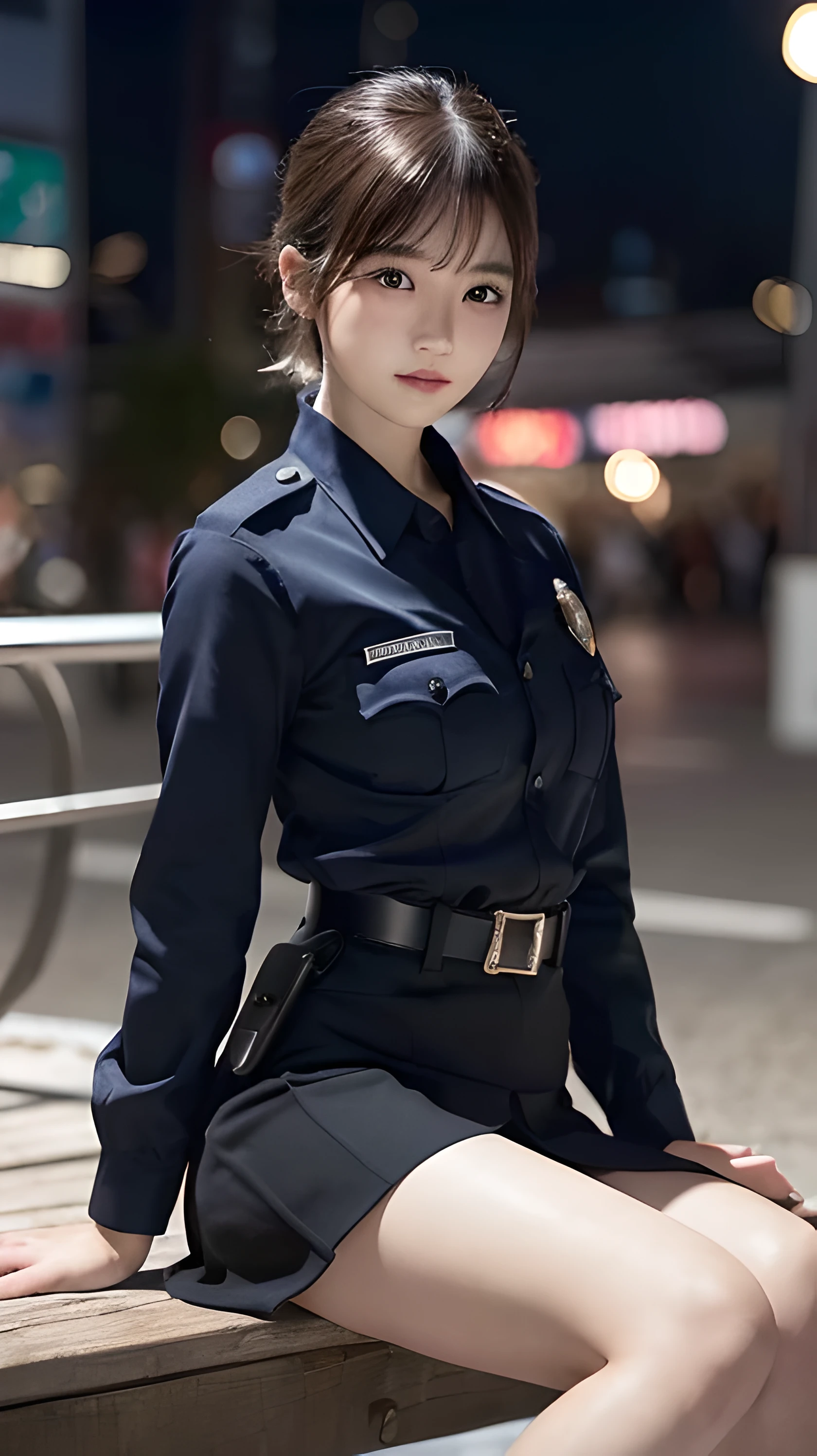 Innocent 20 year old girl、((Japan Police Officer, sexy police uniform, Skirt, Cute and elegant, Dramatic poses)),Smile,night city background,short-cut、Raw photo, (8K、top-quality、masterpiece:1.2)、(intricate detailes:1.4)、(Photorealsitic:1.4)、octane renderings、Complex 3D rendering ultra detail, Studio Soft Light, Rim Lights, vibrant detail, super detailing, realistic skin textures, Detail Face, Beautiful detail eyes, Very detailed CG Unity 16k wallpaper, make - up, (detailedbackground:1.2), shinny skin, Full body,Hands down、Spread your legs and show your panties,sit on a bench