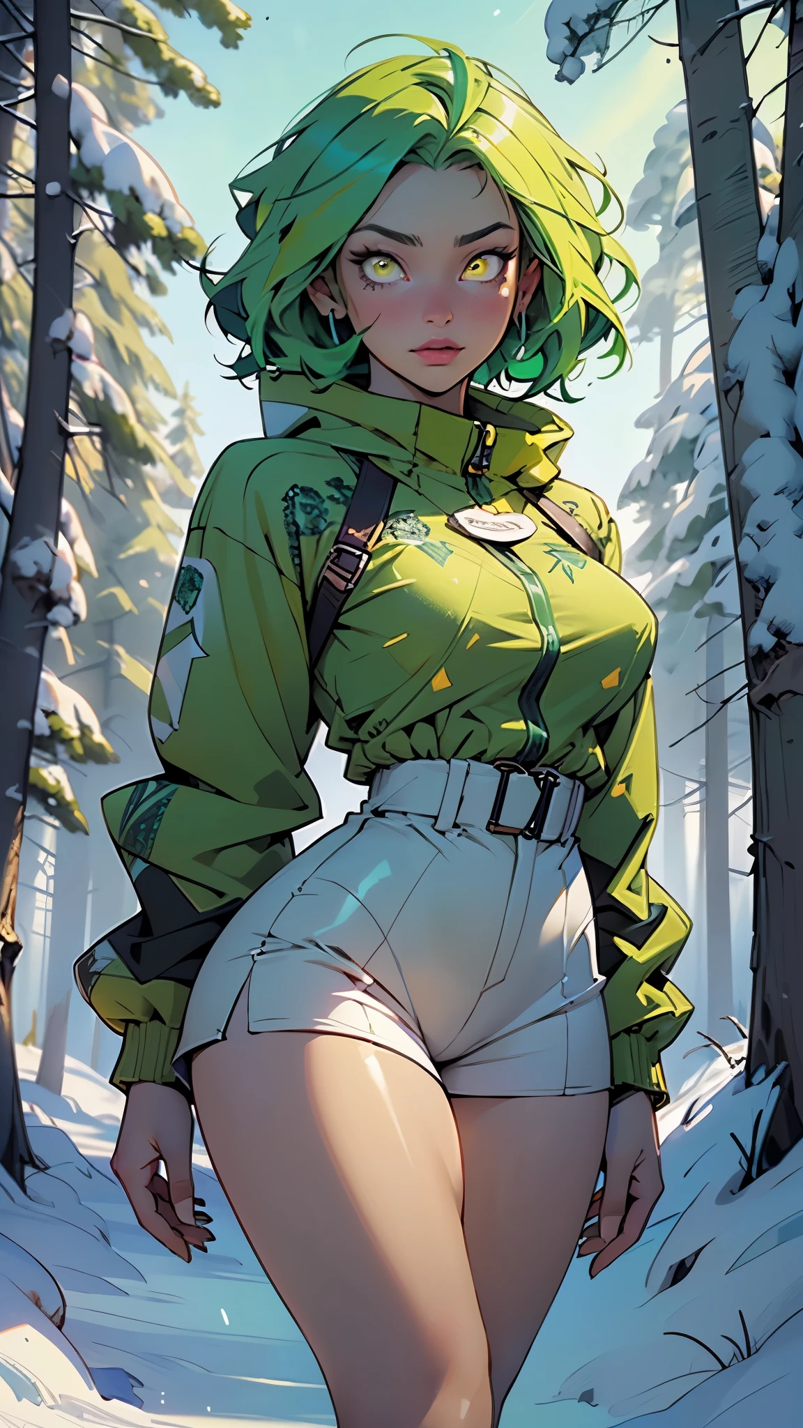 girl,1girl,((extremely cute and beautiful green haired girl)),(((16 years old))),(large breasts:1.2),((((green hair:1.35,(disheed hair),bright green hair,short hair,iridescent colors turquoise and green glowing colors,colored inner hair)))),((yellow_eyes:1.5)),glowing eyes,intricate eyes,beautiful detailed eyes,symmetrical eyes,Big eyes:1.5,((fat)),(((lustrous skin:1.5,bright skin: 1.5,skin tanned,shiny skin,very shiny skin,shiny body,plastic glitter skin,exaggerated shiny skin,illuminated skin))),(spider lower abdomen,narrow waist,wide hip,athletic body,inflated legs,thick thighs,detailed body,(detailed face)),

cute,slutty,seductive,erotic,(nsfw),

wearing green winter clothes,(green Santa Clothes:1.3),girl wearing ((green fleece snowcoat)) and fair isle patterned sweater in Petrina Hicks style,(Fashionable clothing:1.1),((schoolgirls)),Fashion Model,green and aquamarine,fair isle pattern,(modern nordic,urban sporty),textured surfaces,(((intricate outfit,intricate clothes))),

(dynamic pose:1.0),drinking hot chocolate,(centered,scale to fit dimensions,Rule of thirds),

((snowy pine forest)),winter,scenery:1.25,((intricate scenery)),((snow forest background)),Christmas tree,

(Glossy winter ornaments),highres,sharp focus,(ultra detailed,extremely detailed),(photorealistic artwork:1.37),(extremely detailed CG unity 8k wallpaper),(((vibrant colors,vibrant theme))),(intricate),(masterpiece),(best quality),
