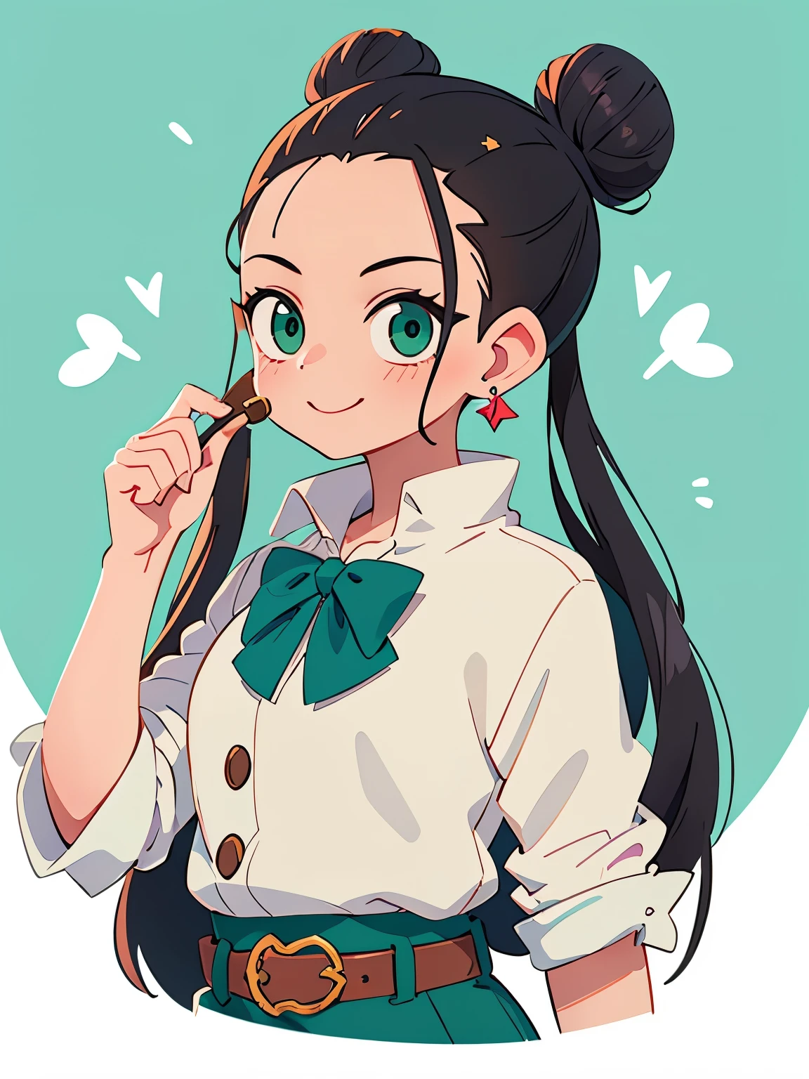 one girl、((two bun hair)), let down the back of the hair、British Schools、masterpiece, highest quality, Long hair in two buns, ((slicked back hairstyle))、Forehead is exposed.、black hair、green eyes、single blade, earrings, one piece、 belt, Little, looking at the viewer, smile, village, winter