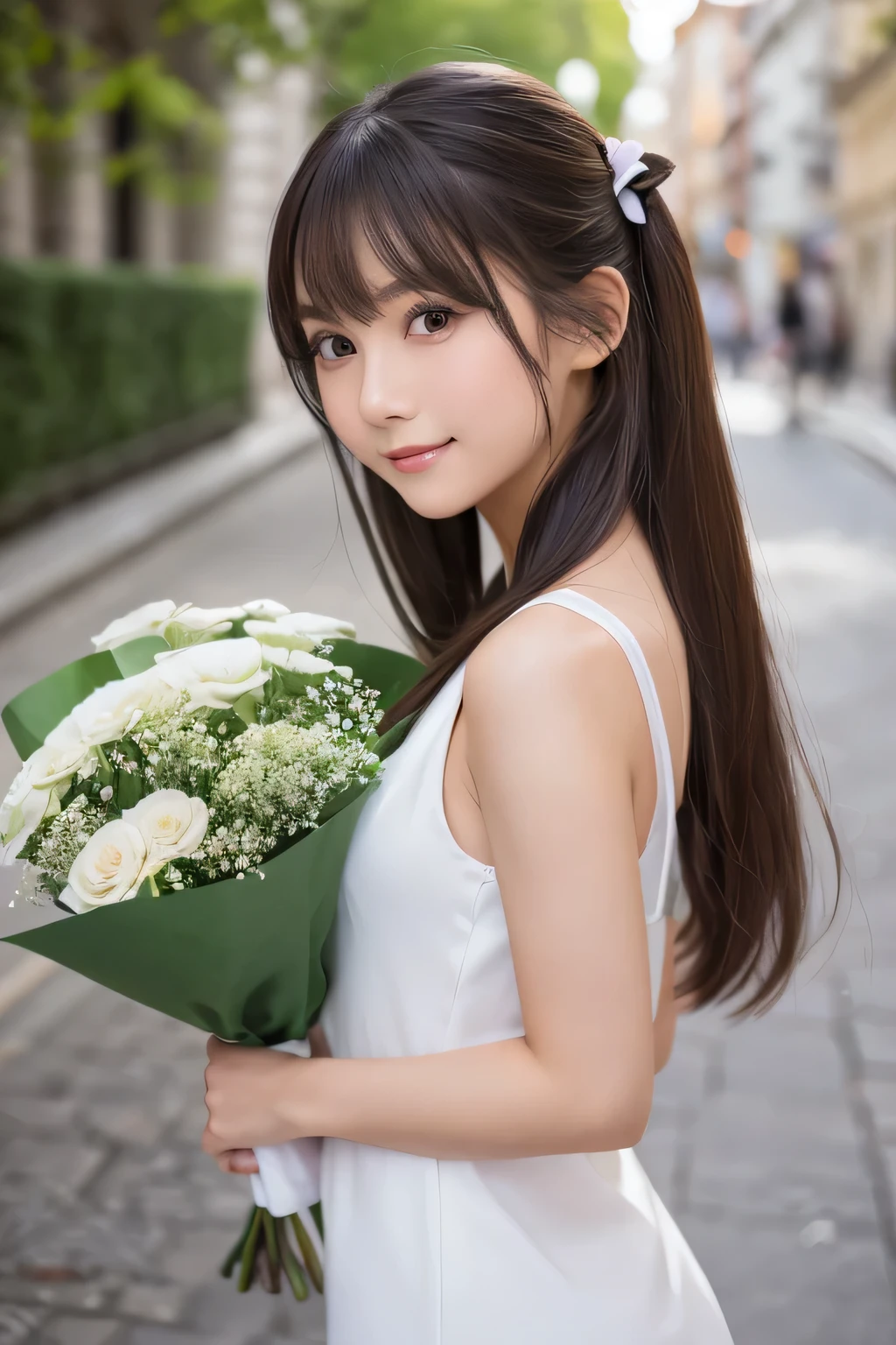 Smile、night、original photography、(((ultimate beauty portrait)))、((sparkling skin))、1 girl、24 year old beautiful girl from Prague、((brown hair))、((Big eyes sparkling like gems))、pantyhose、Glowing and radiant skin、(medium hair)、(silk ponytail)、(standing)、(from below)、Eyeliner、beautiful bangs、hair between eyes、((masterpiece、top quality、Super detailed、movie light、intricate details、high resolution、Very detailed))、background for this、8 kood、digital SLR、soft light、high quality、film grain、富士XT3 、shallow view deep、natural soft light、Kamimei、Above the legs、whole body、Vest、suit、 Pencil miniskirt、Holding a bouquet of flowers、side view