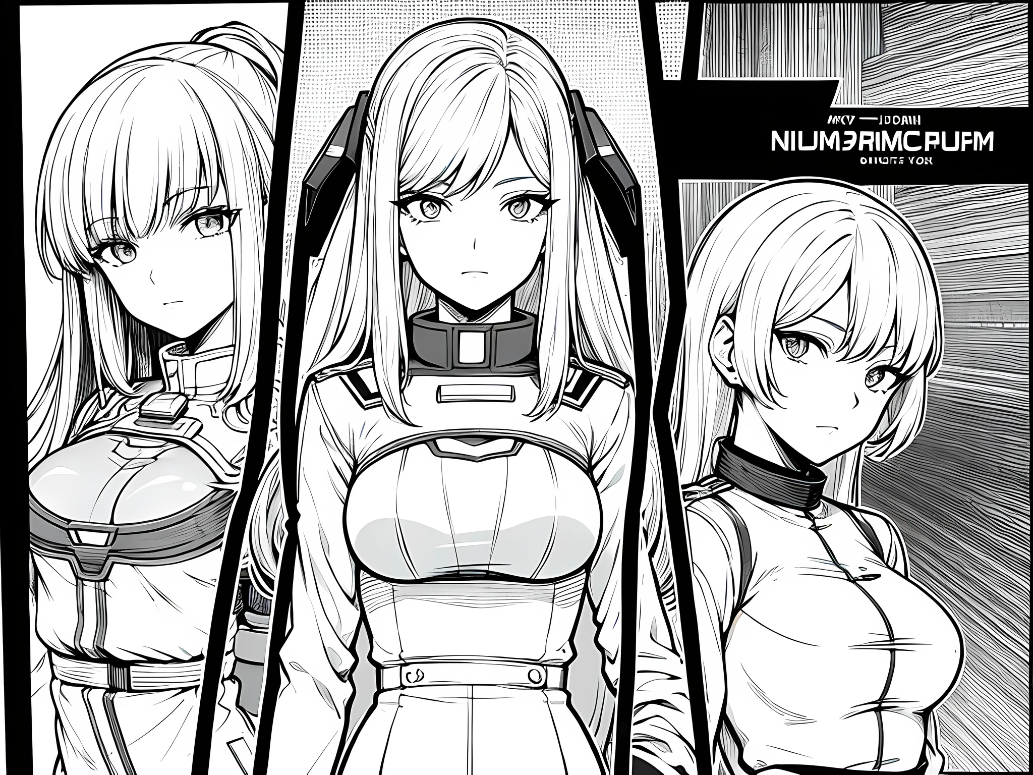 3 women with gundam pilot oufit, have short, medium, and long hair, face to detail, detailed eyes, monochrome (clear line, lineart)