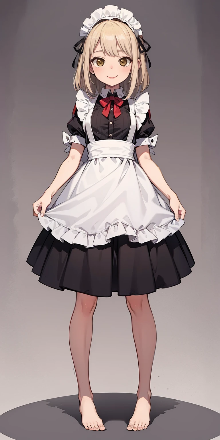 1girl, cute, ((Short black hair girl and long blonde hair girl)), maid victorian, maid apron, straight face, dazed, Body position: Standing, straight, symmetrical, barefoot, Lustful smile on face with red blush,