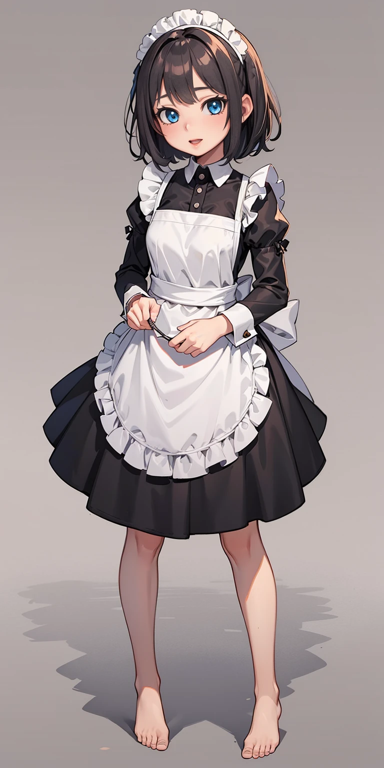 1girl, cute, ((Short black hair girl and long blonde hair girl)), maid victorian, maid apron, straight face, dazed, Body position: Standing, straight, symmetrical, barefoot, Lustful smile on face with red blush,