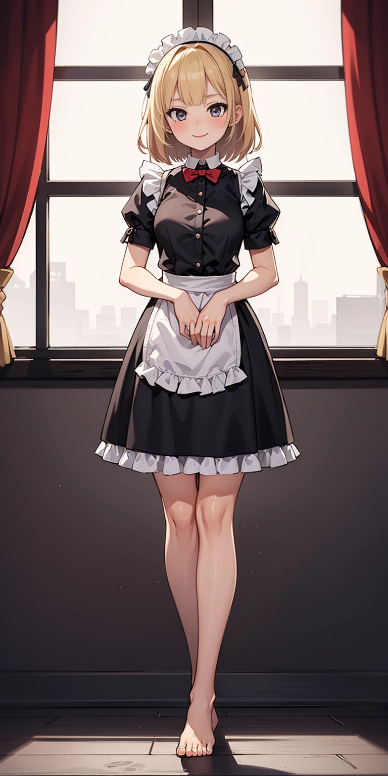 1girl, cute, ((Short black hair girl and long blonde hair girl)), maid victorian, maid apron, straight face, dazed, Body position: Standing, straight, symmetrical, barefoot, Lustful smile on face with red blush,