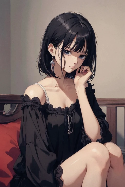 ((highest quality)), ((masterpiece)), (be familiar with), perfect face sad Are crying girl dark room one piece tears sitting down looking down Anxious face Crying black hair