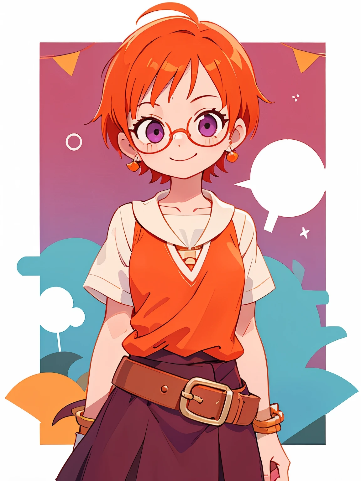 British Schools、masterpiece, highest quality, Reddish-purple eyes、 short hairstyle、Straight short、orange hair、cute girl、wearing glasses、single blade, earrings, one piece、 belt, Little, looking at the viewer, smile,  village, winter