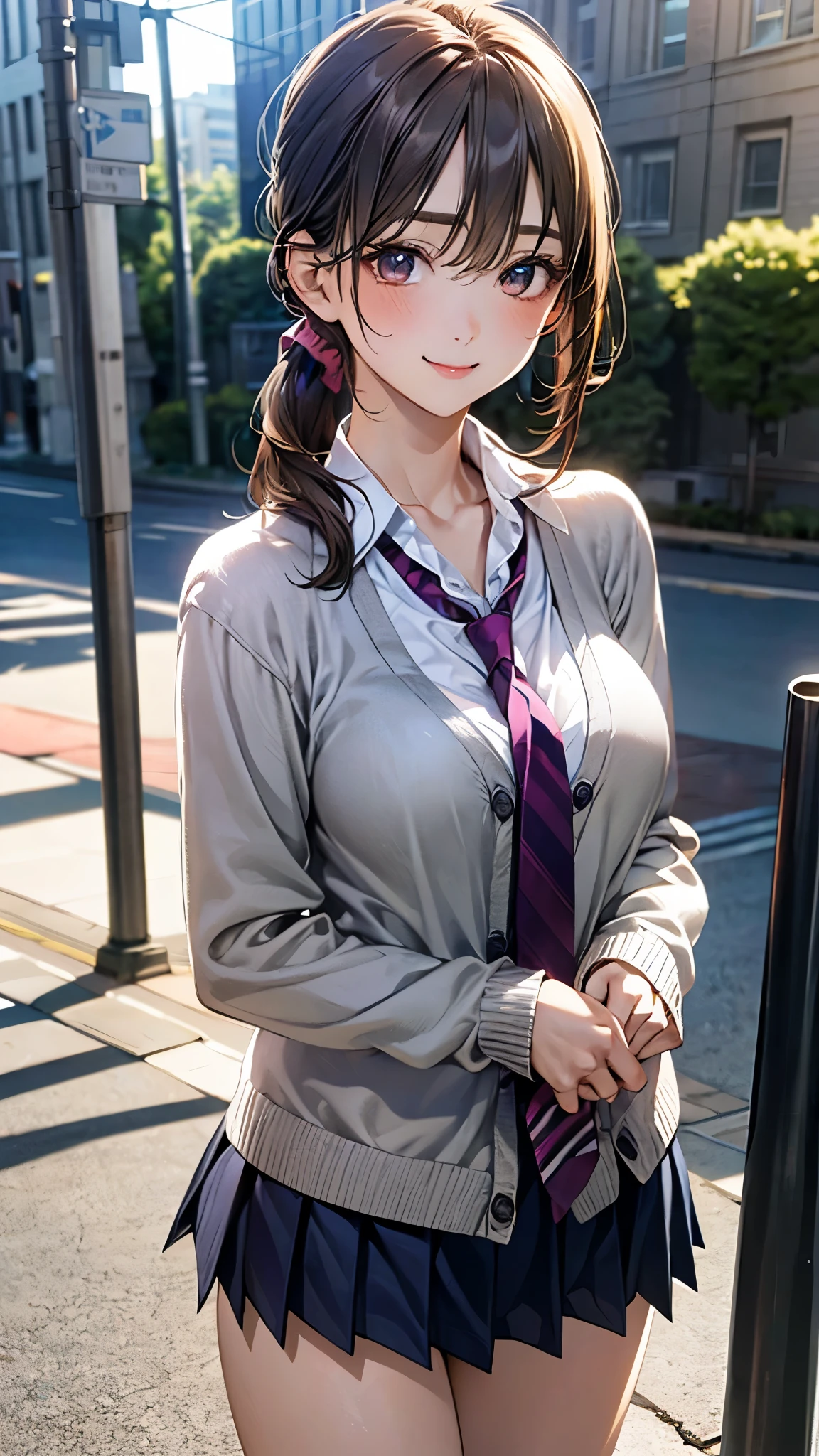 (masterpiece:1.2, top-quality), (realistic, photorealistic:1.4), beautiful illustration, (natural side lighting, movie lighting),
looking at viewer, cowboy shot, front view:0.6, 1 girl, japanese, high school girl, perfect face, cute and symmetrical face, shiny skin,
(long hair:1.4, high ponytail:1.7, light brown hair), hair between eye, dark brown eyes, long eye lasher, (large breasts:0.6, seductive thighs),
beautiful hair, beautiful face, beautiful detailed eyes, beautiful clavicle, beautiful body, beautiful chest, beautiful thigh, beautiful legs, beautiful fingers,
((long sleeve white collared shirts, navy pleated miniskirt, navy tie, light grey cardigan)), pink panties,
(beautiful scenery), evening, riverside, walking, (lovely smile, upper eyes),