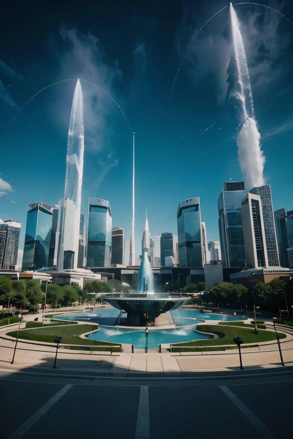 A futuristic city inside a VR device with cutting-edge technology., the colors are colorful. You can see many buildings of various sizes and shapes, and futuristic technologies can be seen flying in the sky.. There is a park and the background is the focal point as a center where future technology can be seen., Camera looks at the building from bottom to top, It is a city with futuristic elements, such as a low-angle composition, a park with a fountain, and technology that delivers information. It is a complex scene with many people on the streets.