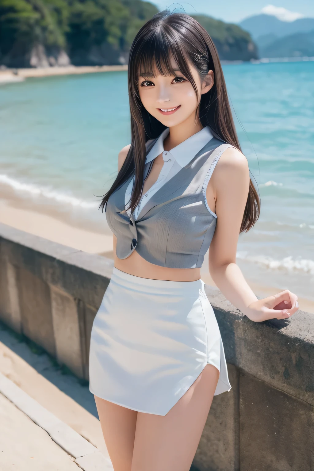 on the table, best quality, illustration, Super detailed, fine details, high resolution, 8k wallpaper, Perfect dynamic composition, Beautiful and delicate eyes,whole body摄影,show your whole body、collared shirt、mini skirt,thin and transparent、long gray hair, Bold sexy pose,Smile,Harajuku、20 year old girl、Eyeliner、beautiful bangs、hair between eyes、((masterpiece、top quality、Super detailed、movie light、intricate details、high resolution、Very detailed))、background for this、8 kood、digital SLR、soft light、high quality、film grain、富士XT3 、shallow view deep、natural soft light、Kamimei、See the knees, side view, standing at the beach,Look at the sexy shots of the lens、Above the legs、whole body、Vest、suit、 铅笔mini skirt