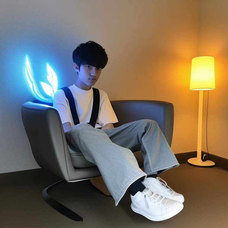 Create a 3D illusion for a profile picture where a 18 Year old cute boy in a white shirt Sitting casually on a Wingback chair. Wearing sneakers, he looks ahead. The background features "SH-EMON" in big and capital Yellow neon light fonts on the dark grey wall. There should not be his shadow, and there are wings to make it appear as if he is an angel
