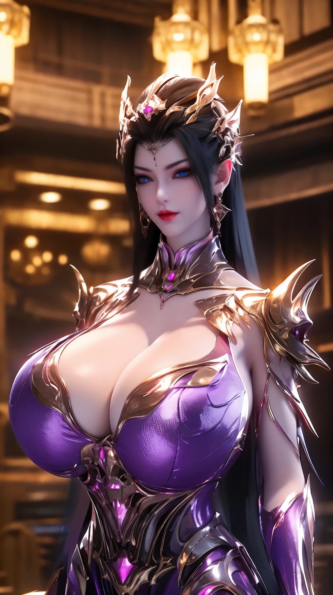 A beauty girl with black hair, 1GIRL, (PHOENIX GOLD HELM),((GIGANTIC FAKE BREASTS,CLEAVAGE:1.5)), (MUSCLE ABS:1.3), ((MECHA GUARD ARMS,DIAMOND CORE IN MECHA:1.1)), (PURPLE MAGENTA SHINY FUTURISTIC MECHA BRA,BLACK SKINTIGHT MECHA SUIT:1.5), (PERFECT THICK BODY, GLOWING BODY SKIN:1.1), (LOOKING AT VIEWER:1.3), (HALLWAY OF FUTURISTIC SPACE STATION:1), (BRIGHT LIGHT WHITE_ROOM:1.3), HYPER TEXTURE, UNREAL ENGINE RENDER, PHYSICALLY-BASED RENDERING, ULTRA HIGHT DEFINITION, 16K, 1080P.