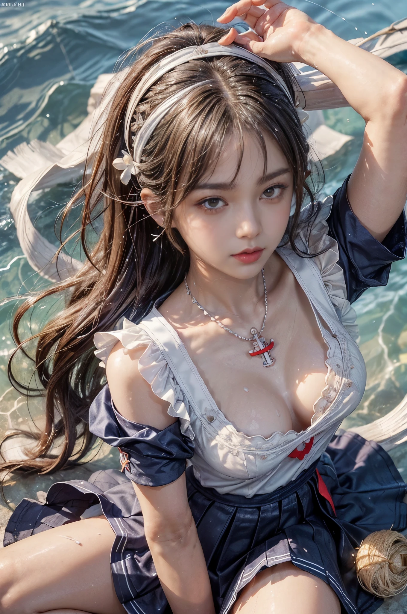 (front focus、perfect anatomy:1.5)、(Super detailed、16K quality、genuine skin: 1.6)、hyper genuineist、genuine.cinematic lighting、Portrait、highly detailed face、1 beautiful thai girl、 (Beautiful 14 year old half Thai/japanese girl、smile:1.3)(medium straight brown hair、Large slit eyes、eye shadow、eyeliner、green color contact lenses:1.5)flashy gal makeup(黒くsunburnした肌、black skin:1.8)sunburn、eyeliner、red lips.Break(Navy Blue Theme:1.4), (Hairpiece:1.3), (Short Sleeves (Navy Blue Sailor Uniform Top) with Double Breasted:1.4), (Double Breasted:1.2), ((Navy Blue Ruffled Tiered Super Long Skirt:1.4), ((White Scapular, White Needles):1.3), (necklace)( Very Detailed White Embroidery:1.3), (barefoot:1.3), BREAK(perfect anatomy)(Wet and transparent clothes:1.4)(Summer sandy beach海岸、sunset)(splash、splash of water)(Crouching model pose:1.3)Summer sandy beach、sunset visible from the horizon