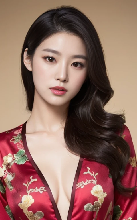 wearing Chinese clothes、Chinese clothes with open chest、Wearing Chinese clothes without a bra、Nothing is worn inside、A woman with the same face as last time(misaki)，４Ｋ、１people&#39;s women、slender、 Loose wavy styling 、full body shot、seductive and attractive,Including face and skin texture，detailed eyes、a seductive look
