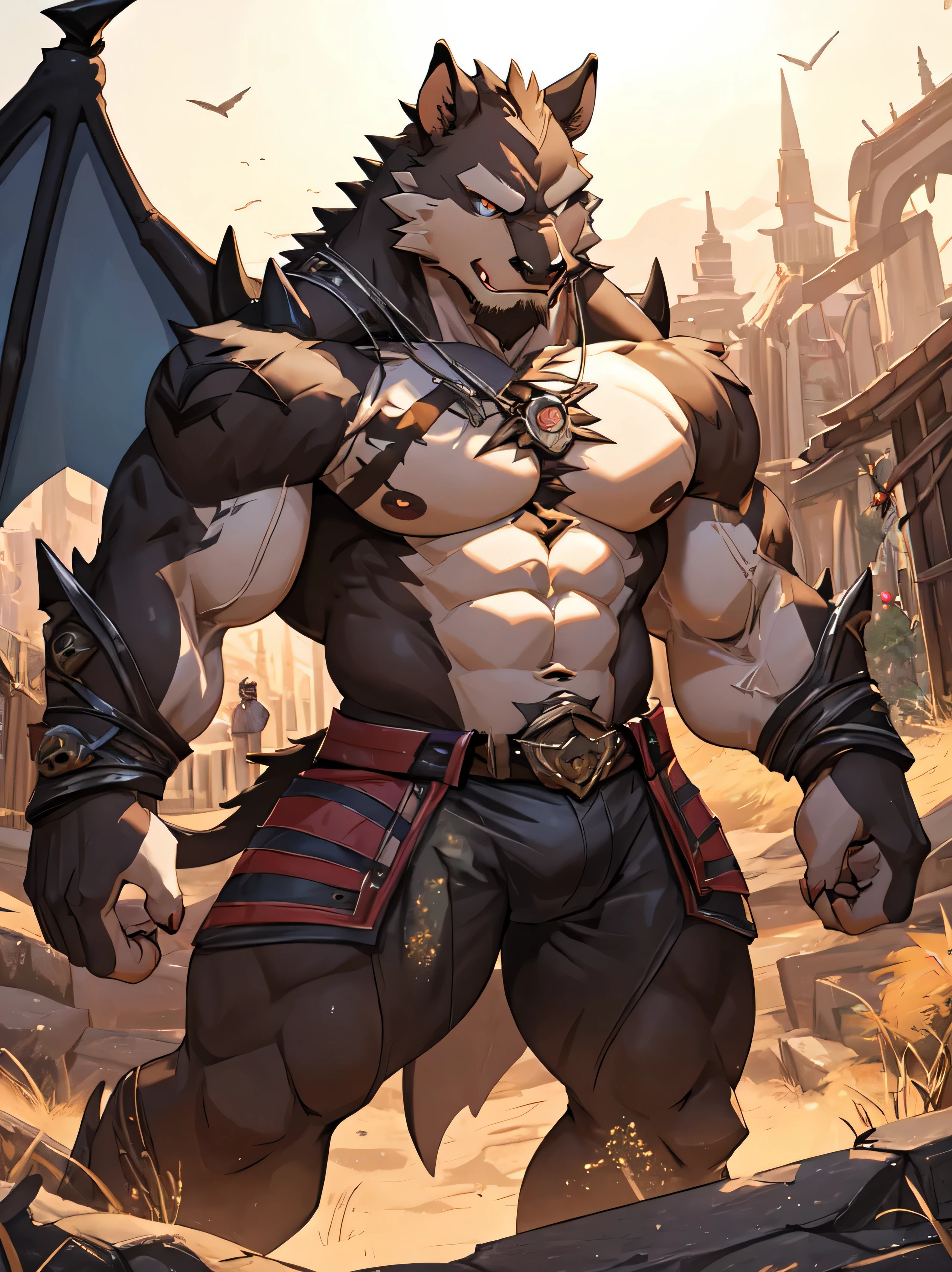 Wild boar monster with bat wings, Full body pose,