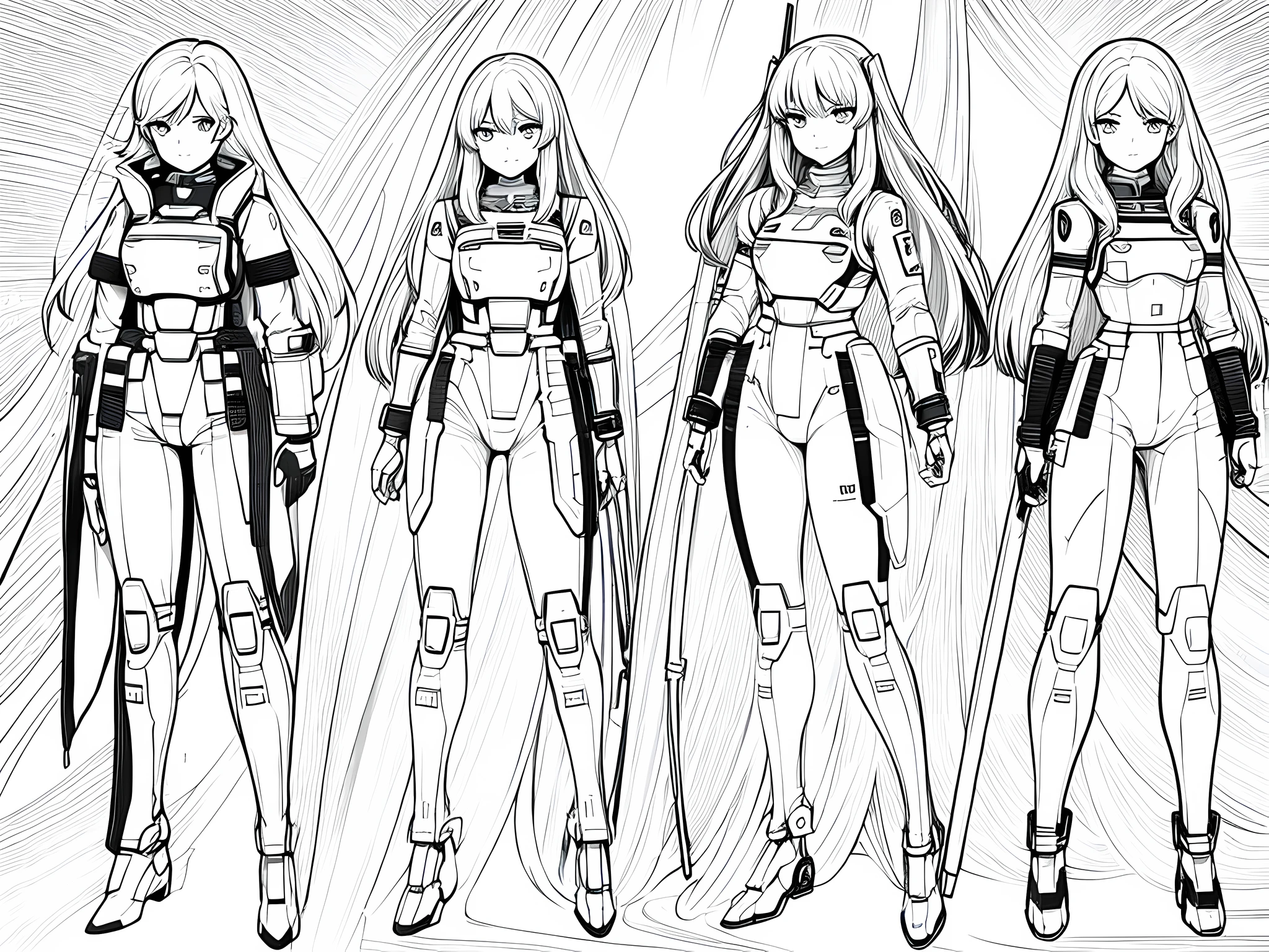 3 women gundam pilot, have short, medium, and long hair, face to detail, detailed eyes, monochrome (clear line, lineart), full-body illustration