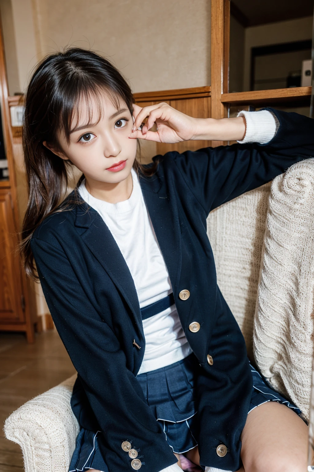 (8K、highest quality、master piece:1.2)、(real、photorealistic:1.2)(Super detailed、High resolution)(japanese girl:1.4)、(Dark blue uniform、navy blue blazer、pleated skirt)ulzzang-6500-v1.1、(Raw photo: 1.2)、(photorealistic:1.4)、medically accurate body、detailed beautiful girl、very detailedな目と顔、beautiful detailed eyes、very detailed、(kiss face、sad expression、embarrassed look、)CG、Unite、8k wallpaper、wonderful、fine details 、masterpiece、highest quality、very detailedな CG 制服 8k 壁紙、light on face、cinematic lighting、1 girl、、((dynamic pose)))、(pink panties)(camel toe) )、(half)、(high socks)、(Spread your legs in an M shape and show your panties)(exposed white pants)Negative Prompts