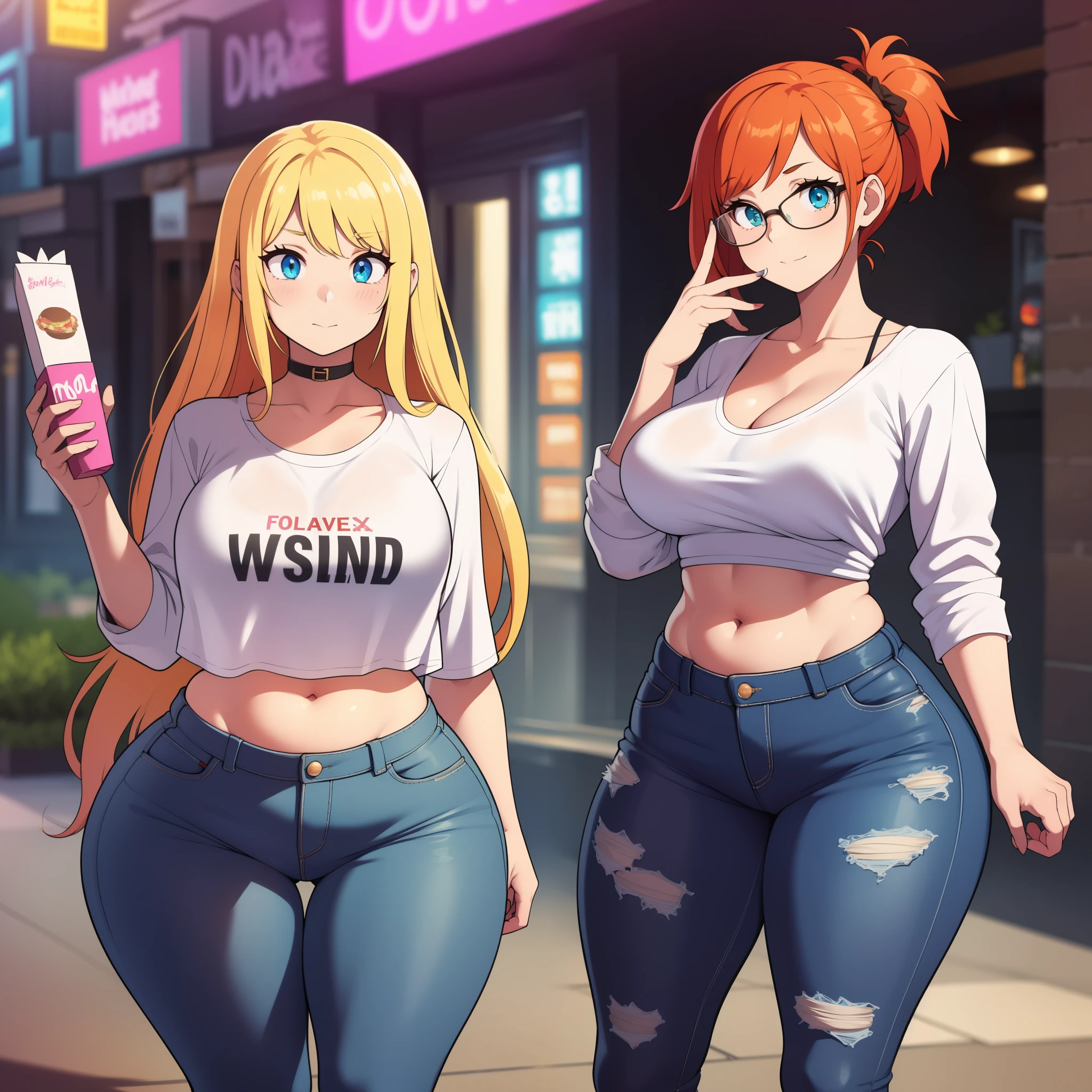((highres)), Masterpiece, high quality, best quality, beautiful, perfect lighting, detailed face, ultra cute face, ((2girls)), one girl has blonde hair, blue eyes, crop top and shorts, one girl has orange hair, green eyes, jeans, white shirt, tight clothes, full body, fast food restaurant, medium breasts, perky breasts, ((wide hips)), (thick thighs), standing next to each other,