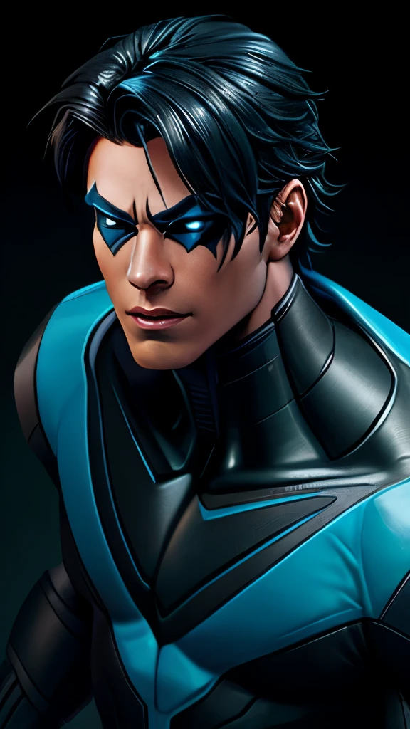 Nightwing from DC photography, high tech, complex robot, full growth, hyper-realistic, insane fine details, extremely clean lines, cyberpunk aesthetic, a masterpiece featured at Zbrush Central