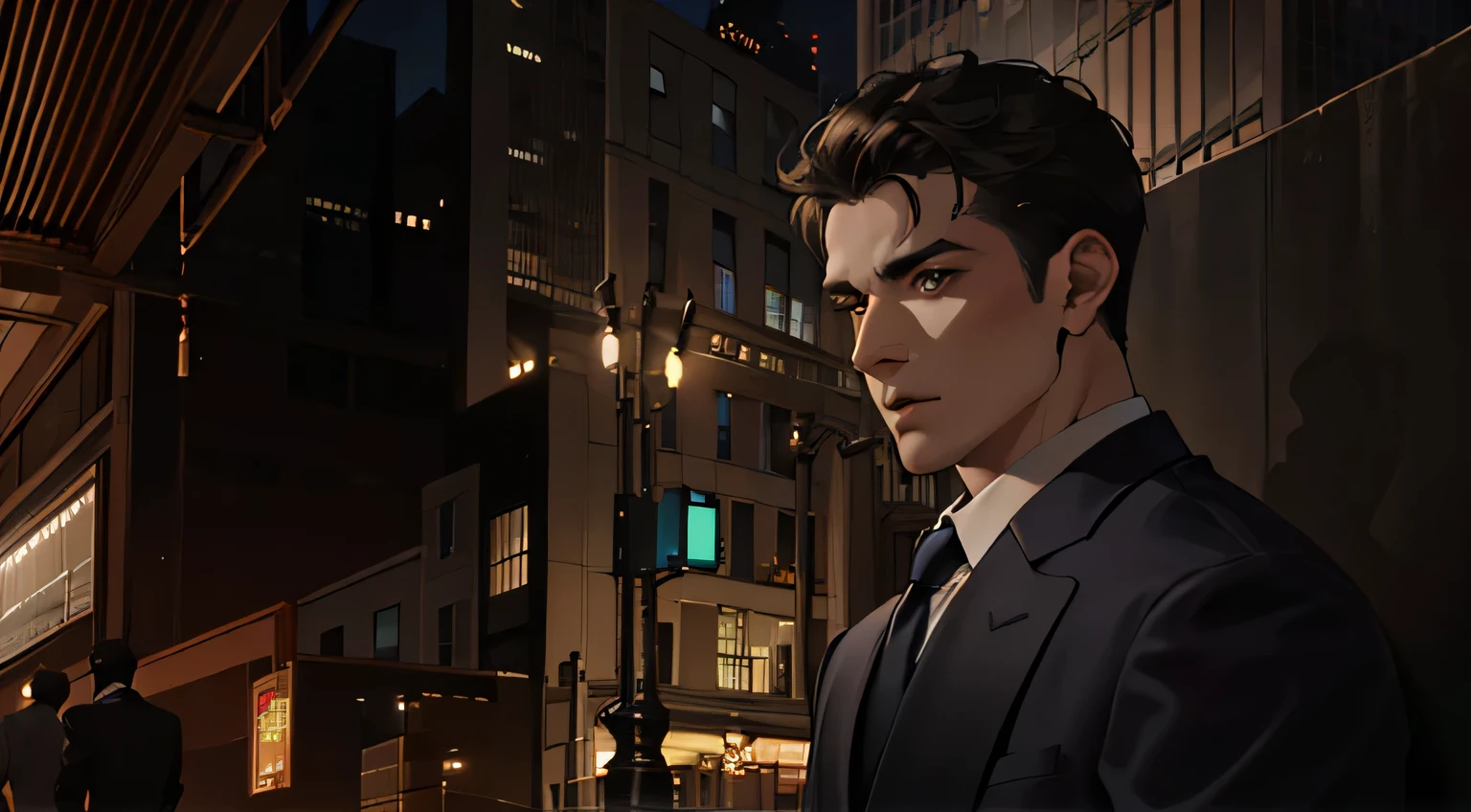 (ridiculous, high resolution, super detailed, actual, ), 1 male, alone, aldult, Mature, tall muscular man, broad shoulders, Handsome, very short hair, black hair, brown eyes, square peg, thick neck, thick eyebrows, night, dark, the night view of the city background, formal suit, tie, Upper body