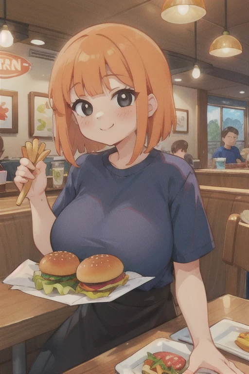 1girl,solo,(mcmom),huge breasts,grey shirt,sitting,black eyes,restaurant,smile,blush,table ,burger,fries,food,indoors