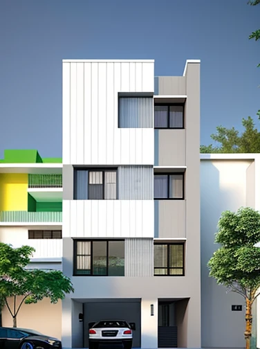 a rendering of a modern apartment building with a car parked in front, precise architectural rendering, architectural render, high quality rendering, architectural 3 d render, architectural rendering, professional render, overall architectural design, wide angle exterior 2022, all white render, freddy mamani silvestre facade, inter dimensional villa, exterior design, detailed rendering, architecture render, quality rendering