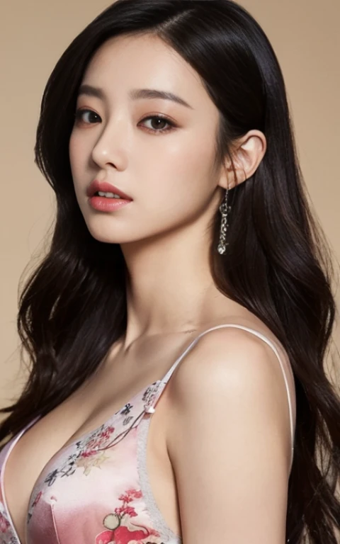 wearing Chinese clothes、Chinese clothes with open chest、Wearing Chinese clothes without a bra、Nothing is worn inside、A woman with the same face as last time(misaki),4K、1people's women、slender、 Loose wavy styling 、full body shot、seductive and attractive,Including face and skin texture,detailed eyes、a seductive look