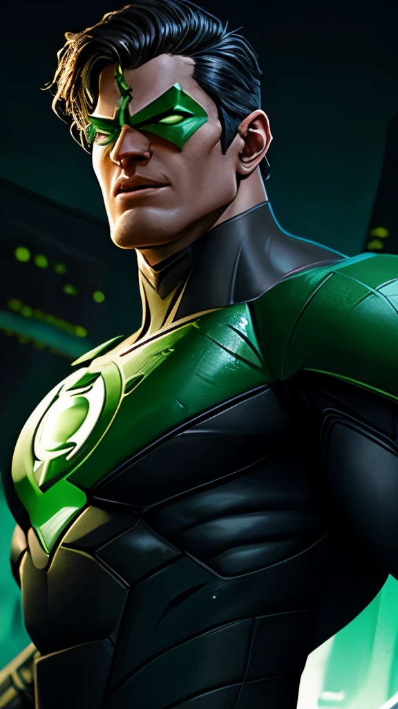 Green Lantern from DC photography, sci-fi, complex robot, full growth, hyper-realistic, insane fine details, extremely clean lines, cyberpunk aesthetic, a masterpiece featured at Zbrush Central