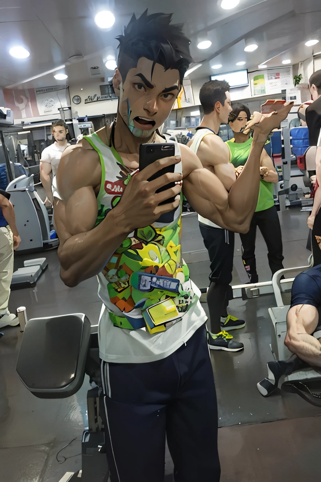 there is a man that is looking at his cell phone, in tshirt, hulk like physique, in a gym, wearing tanktop, on amino, wearing a muscle tee shirt, muscular!!, muscular!!!, fit pic, with abs, fitness model, candid picture, working out, lean but muscular, ifbb fitness body, super buff and cool, upper body!!