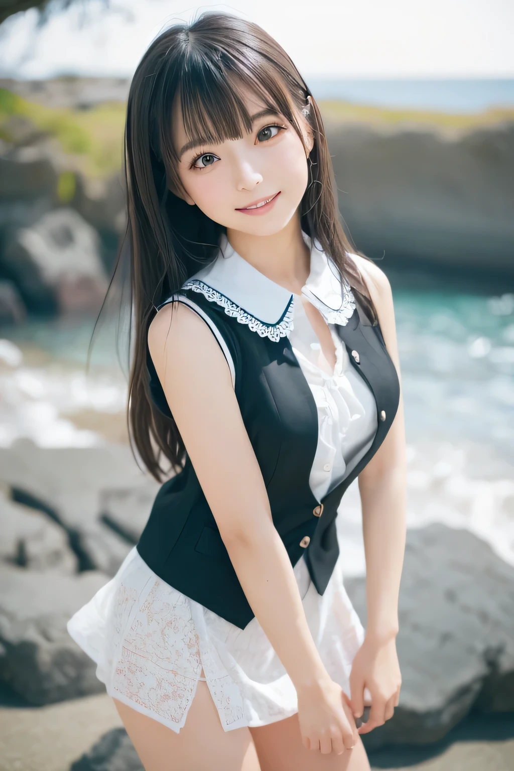 on the table, best quality, illustration, Super detailed, fine details, high resolution, 8k wallpaper, Perfect dynamic composition, Beautiful and delicate eyes,whole body摄影,show your whole body、collared shirt、mini skirt,thin and transparent、long gray hair, Bold sexy pose,Smile,Harajuku、20 year old girl、Eyeliner、beautiful bangs、hair between eyes、((masterpiece、top quality、Super detailed、movie light、intricate details、high resolution、Very detailed))、background for this、8 kood、digital SLR、soft light、high quality、film grain、富士XT3 、shallow view deep、natural soft light、Kamimei、See the knees, standing at the beach,Look at the sexy shots of the lens、Above the legs、whole body、Vest、suit、 铅笔mini skirt、Holding a bouquet of flowers、side view